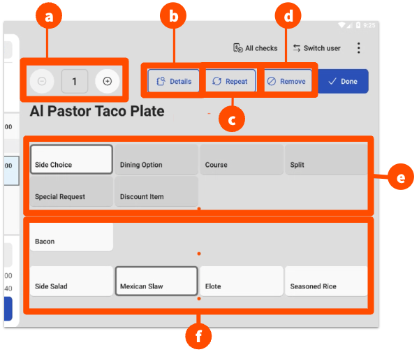 Item detail overlay with buttons labeled a through f. The Remove button, labeled d, is in the top-right of the action row.