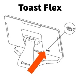 Rear view of a Toast Flex device with an arrow pointing to the power button on the right edge, near the top of the stand.